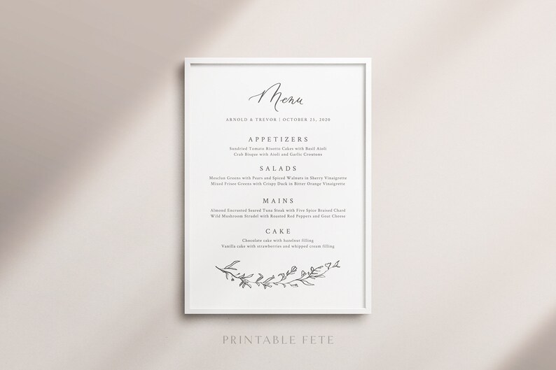 Pu&ograve; includere: Un menu di nozze stampabile con sfondo bianco e testo nero. Il menu include antipasti, insalate, piatti principali e dessert. Il testo recita "Menu", "Arnold & Trevor", "11 ottobre 2016", "Antipasti", "Insalate", "Piatti principali", "Dessert" e "Printable Fete".