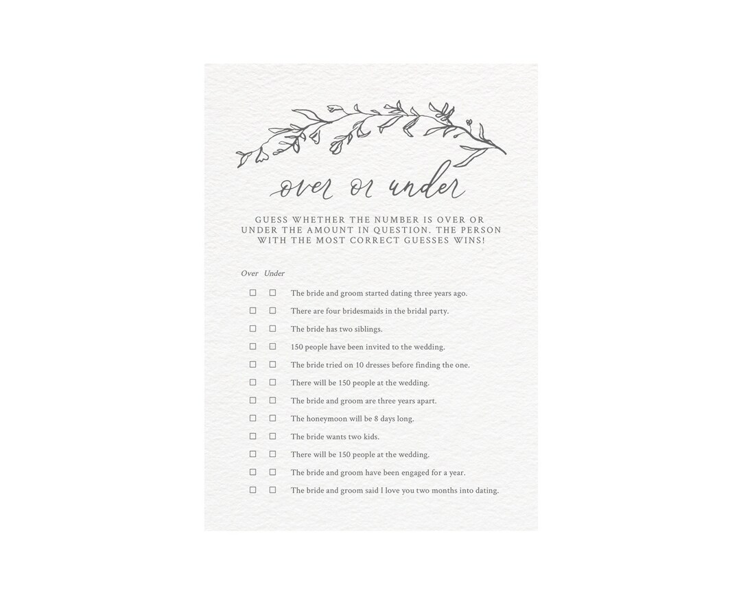 Bridal Shower Game, Over Under Game, Bachelorette Game, Calligraphy ...