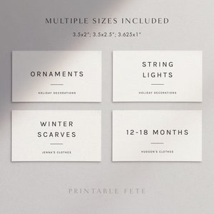 May include: Four printable gift tags with different text on each. The tags are white with black text and a thin black line under the text. The text on the tags reads: "Ornaments", "String Lights", "Winter Scarves", and "12-18 Months". The text "Printable Fete" is at the bottom of the image.