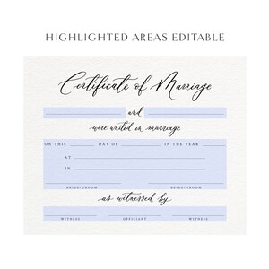 May include: A printable certificate of marriage template with blank lines for filling in the names of the bride and groom, the date, and the officiant's name.