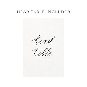 以下が含まれることがあります： 黒い筆記体で「head table」と書かれた白いカード