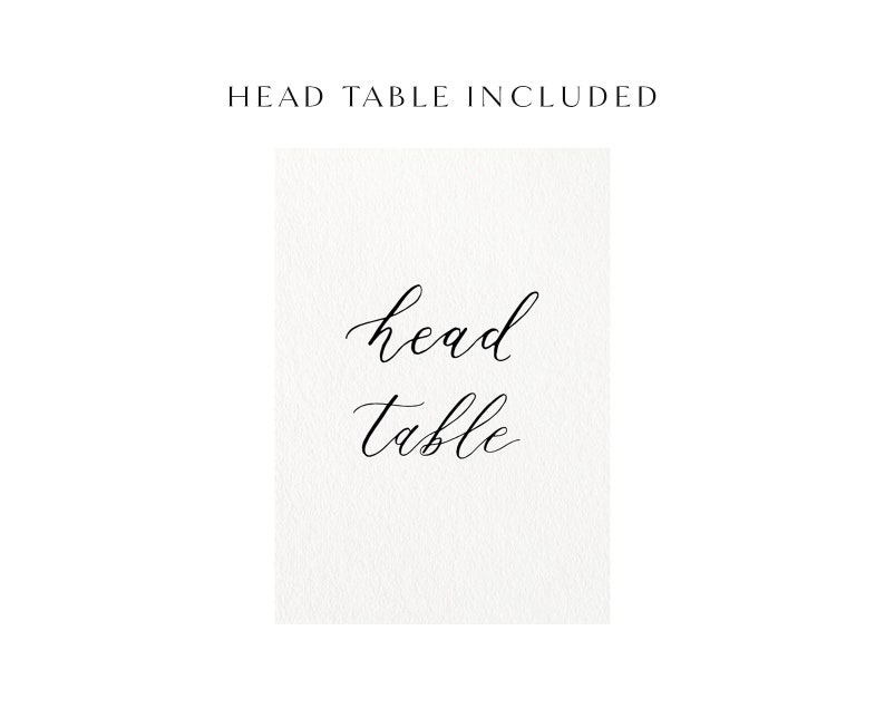 以下が含まれることがあります： 黒い筆記体で「head table」と書かれた白いカード