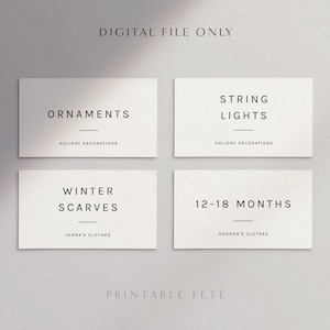 May include: Four printable gift tags with minimalist text designs. The tags read "Ornaments", "String Lights", "Winter Scarves", and "12-18 Months".
