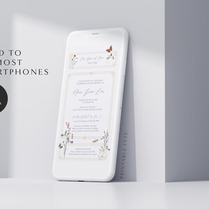 May include: A white smartphone mockup displaying a printable wedding invitation with a floral design and the text "Our Special Day" and "Anna Jane Lee". The invitation is sized to fit most smartphones, measuring 1080 x 1920 pixels.