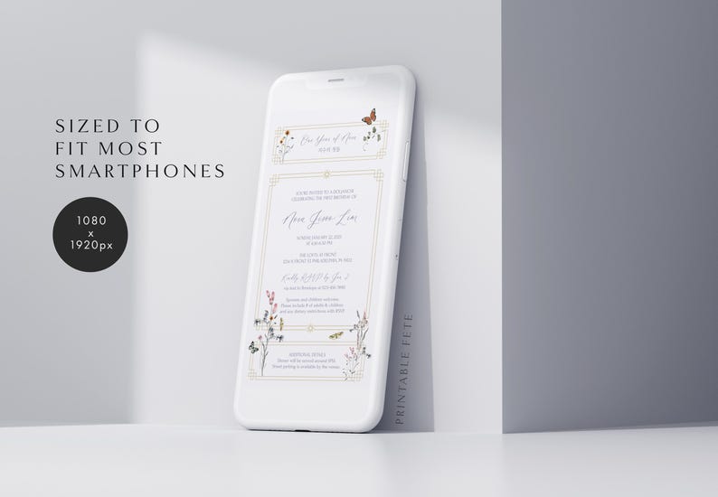 May include: A white smartphone mockup displaying a printable wedding invitation with a floral design and the text "Our Special Day" and "Anna Jane Lee". The invitation is sized to fit most smartphones, measuring 1080 x 1920 pixels.
