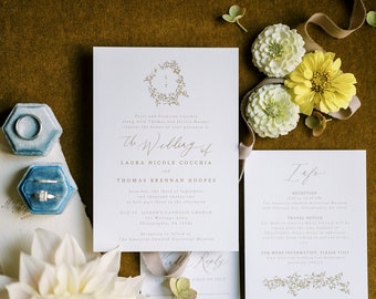 Leafy Wedding Invitation Template: Botanical Crest Monogram (Digital File)