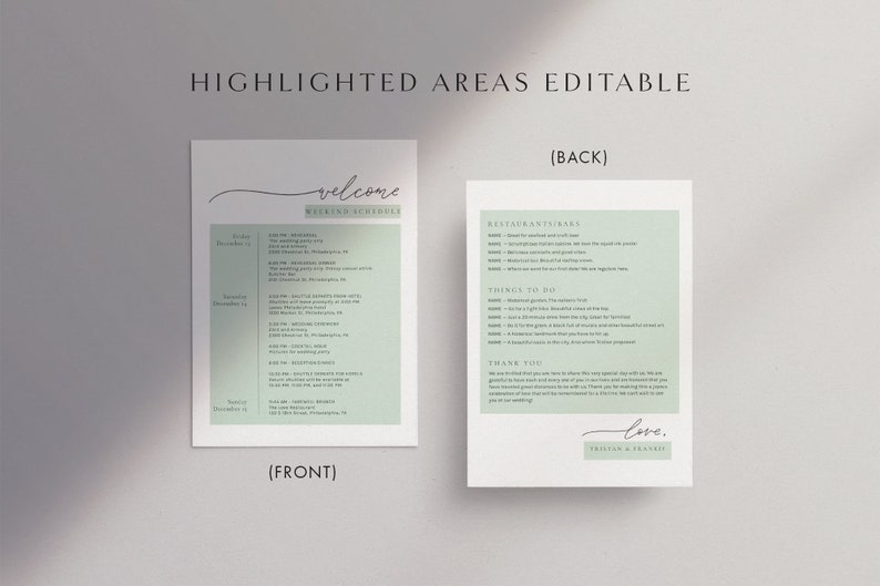 May include: A printable wedding weekend schedule template with a green background. The front side includes a welcome message and a schedule of events. The back side includes a list of restaurants and bars, things to do, and a thank you message.