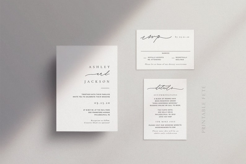 May include: A set of three minimalist wedding stationery cards. The main card features the names "Ashley and Jackson" in elegant script. Additional cards include an RSVP and details card, all in black text on a white background.