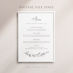Pu&ograve; includere: Un modello di menu di nozze stampabile con un design semplice ed elegante. Il menu presenta un carattere di scrittura a mano e un'illustrazione floreale. Il testo include i nomi Arnold & Trevor, la data 11 ottobre 2018 e le categorie del menu: Antipasti, Insalate, Piatti principali e Torta.