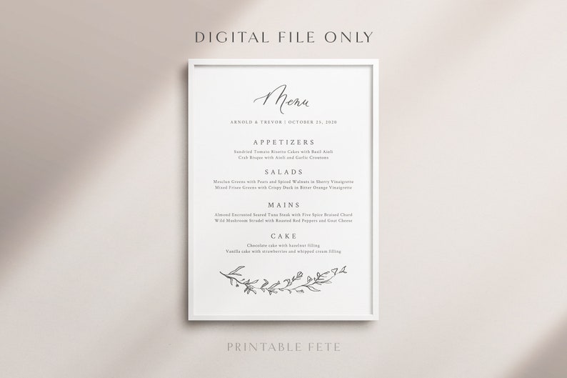 Pu&ograve; includere: Un modello di menu di nozze stampabile con un design semplice ed elegante. Il menu presenta un carattere di scrittura a mano e un'illustrazione floreale. Il testo include i nomi Arnold & Trevor, la data 11 ottobre 2018 e le categorie del menu: Antipasti, Insalate, Piatti principali e Torta.