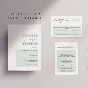May include: A set of elegant wedding stationery with a minimalist design. The invitation features the names "Ashley and Jackson" in script, with RSVP and details cards. The color scheme is white and a soft green.