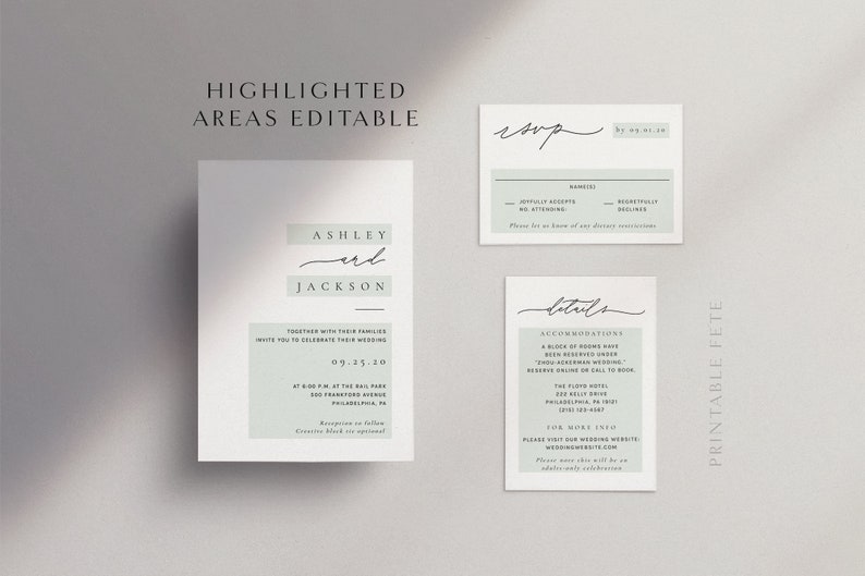 May include: A set of elegant wedding stationery with a minimalist design. The invitation features the names "Ashley and Jackson" in script, with RSVP and details cards. The color scheme is white and a soft green.