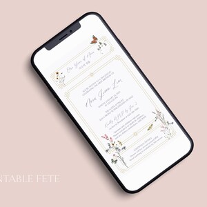 May include: A printable wedding invitation with a floral design. The invitation features a gold frame with a white background and text that reads "One Year of Now" and "Anna Grace Lim".