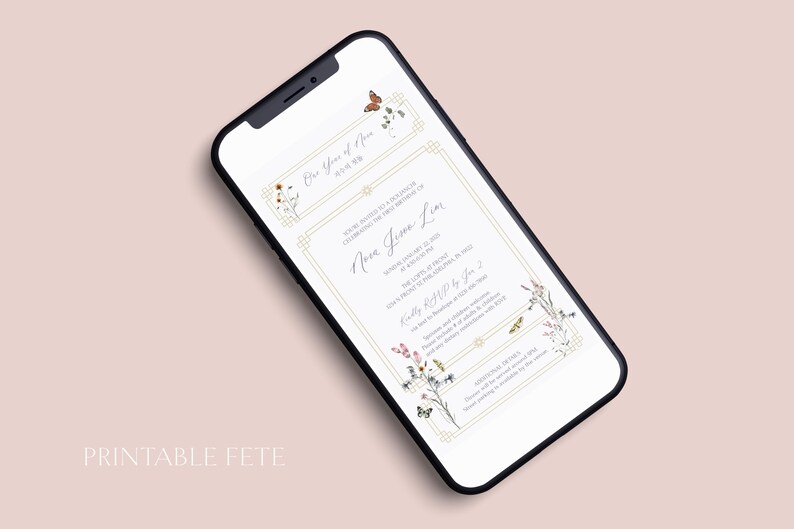 May include: A printable wedding invitation with a floral design. The invitation features a gold frame with a white background and text that reads "One Year of Now" and "Anna Grace Lim".