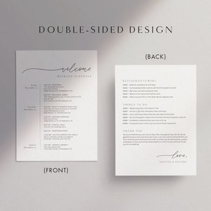 May include: A double-sided welcome guide for a wedding weekend. The front side features a welcome message and a weekend schedule. The back side includes a list of restaurants and bars, things to do, and a thank you message.