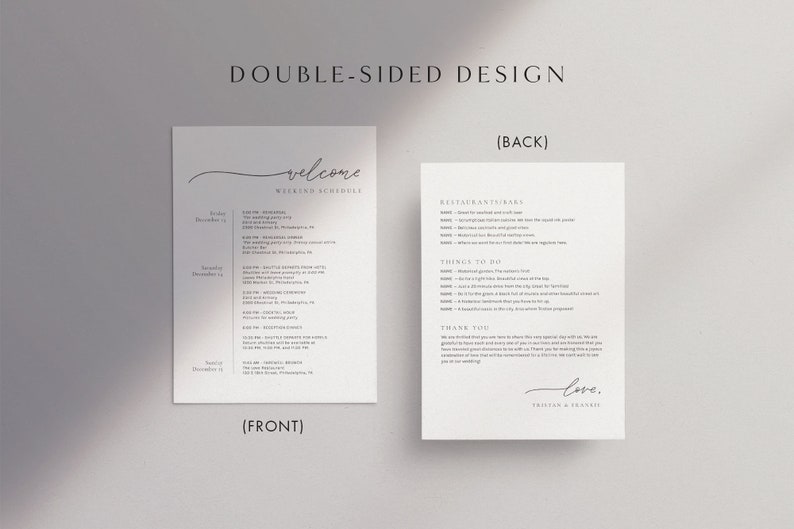May include: A double-sided welcome guide for a wedding weekend. The front side features a welcome message and a weekend schedule. The back side includes a list of restaurants and bars, things to do, and a thank you message.