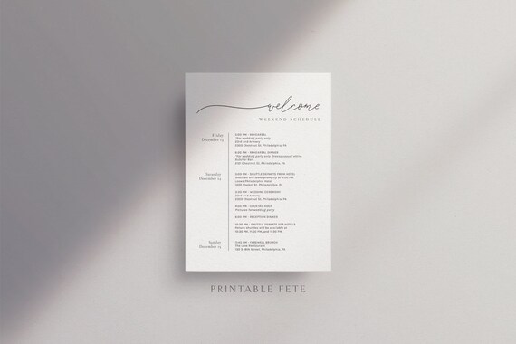 Wedding Weekend Schedule Template: Welcome Note, Itinerary (Printable, Editable)
