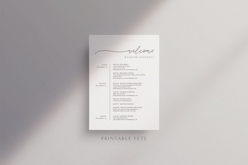 May include: A printable wedding weekend schedule with the text "welcome weekend schedule" at the top. The schedule lists events for Friday, Saturday, and Sunday, including the wedding ceremony and reception.