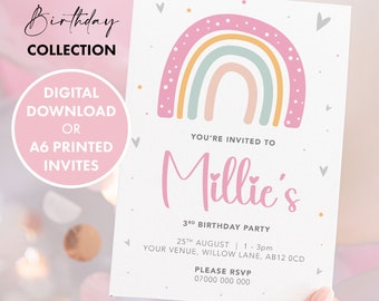 PERSONALISED Rainbow Girls Birthday Invitation DIGITAL DOWNLOAD, Birthday Invite, Party Invite, Girls Personalised Birthday Invitation