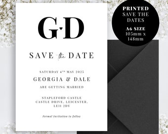 A6 PERSONALISED Black and White Save The Date Printed Invitations Monochrome Save The Dates Typography Save the Dates Printed with Envelopes