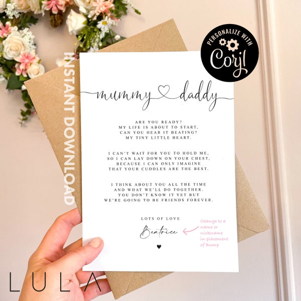 EDITABLE Mummy Daddy to be Poem Pregnancy Announcement Card from Bump, Digital Download Parents to be Card Instant Download Baby Shower Card