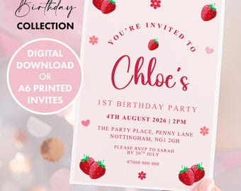 PERSONALISED Pink Strawberry Girls Birthday Invitation DIGITAL DOWNLOAD Birthday Invite Party Invite, Girls Personalised Birthday Invitation