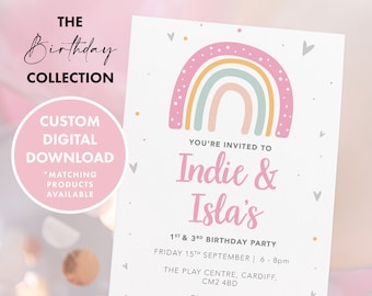 PERSONALISED Joint Rainbow Girls Birthday Invitation DIGITAL DOWNLOAD, Birthday Invite, Party Invite, Girls Personalised Birthday Invitation