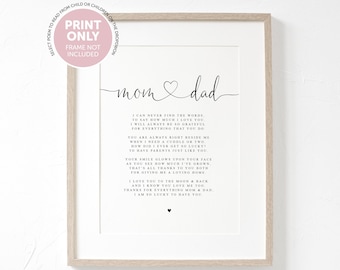 Mom and Dad Poem A4 or A5 PRINT - Gift Mom and Dad, Gift for Parents, Thank you Mom and Dad, Christmas Gift for Parents from children child