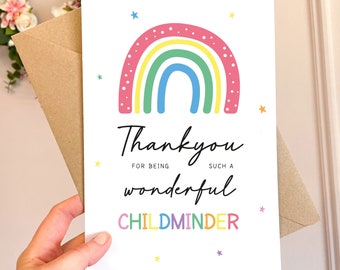Thankyou for being such a wonderful Childminder Rainbow A5 Greeting Card & Kraft envelope End of Term Card, Leaving Childminder Card goodbye