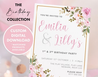 PERSONALISED Pink Joint Floral Girls Birthday Invitation DIGITAL DOWNLOAD, Joint Birthday Party, Girls Personalised Birthday Invitation