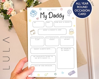 All About Daddy A5 Card with envelope, Dad Questionnaire, Daddy Birthday Card, Fathers Day Keepsake Card, All about Daddy, Father's Day Card