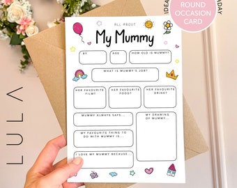 All About Mummy A5 Card with envelope, Mum Questionnaire, Mummy Birthday Card, Mothers Day Keepsake Card, All about Daddy, Mother's Day Card