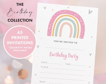 PRINTED INVITATIONS Rainbow Girls Birthday Invitation, Printed Card Birthday Invite, School Party Invite, Girls Rainbow Birthday Invitation