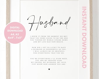Husband Poem DIGITAL DOWNLOAD - Valentines Day Gift, Gift for Him Husband Birthday Gift Husband Anniversary Gift Husband Poem Print Unframed