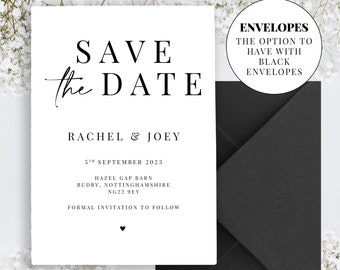 Cartes d'invitation personnalisées en noir et blanc, « Save the Dates » monochromes, « Save the Dates » typographiques, imprimées avec des enveloppes