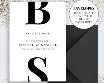 Cartes d'invitation personnalisées en noir et blanc, « Save the Dates » monochromes, « Save the Dates » typographiques, imprimées avec des enveloppes