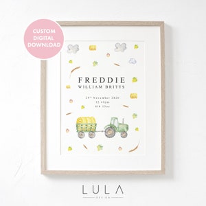 DIGITALER DOWNLOAD Traktor Bauernhof Baby Junge Geburt Kinderzimmer Druck, Geburtsgeschenk, personalisierter Babydruck, Andenken Geschenk, Geburtsdetails Druck