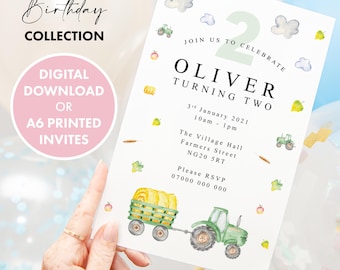 May include: A white rectangular birthday invitation card featuring a large light green number two, watercolor illustrations of green tractors, yellow hay bales, and blue clouds. The text reads Oliver Turning Two, 3rd January 2021, 10am-1pm, The Village Hall, Farmers Street, NG20 5RT, Please RSVP 07000 000 000.
