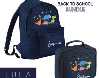 PERSONALISED Little Dinosaur Theme Boys Girls School Bag Lunch Box with Name, Colourful Dinosaurs School Backpack Dinosaur Back to School