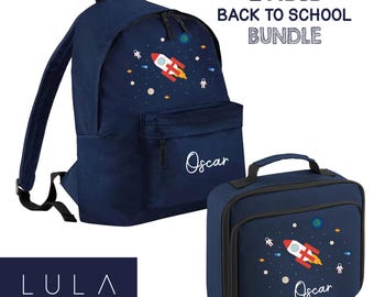 PERSONALISED Rocket Space Astronaut Boys Girls School Bag Lunch Box with Name, Space Planets School Backpack Rocket Back to School Backpack
