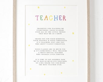 TEACHER A4 Unframed PRINT, School Leavers Gift, Gift for Teacher, Print for Primary Teacher Reception Teacher Personalised Poem