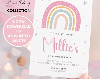 PERSONALISED Rainbow Girls Birthday Invitation DIGITAL DOWNLOAD, Birthday Invite, Party Invite, Girls Personalised Birthday Invitation
