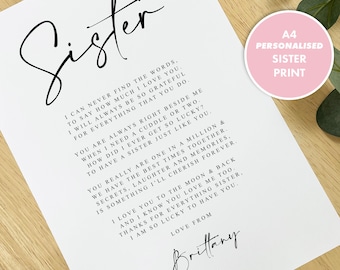 Personalised SISTER Poem A4 PRINT - Printed Poem Gift for Sister, Gift for Sister, Thankyou Sister, Christmas Gift for Sister, Sister Poem