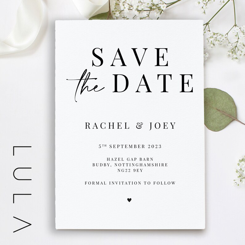 PERSONALISED A6 Black and White Save The Date Printed Invitations Monochrome Save The Dates Typography Save the Dates Printed with Envelopes