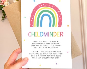 Thankyou Childminder Poem Rainbow A5 Greeting Card & Kraft envelope End of Term Card, Leaving Childminder Card goodbye, Helping me grow