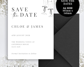 PERSONALISED A6 Black and White Save The Date Printed Invitations Monochrome Save The Dates or Save the Evening Printed with Envelopes