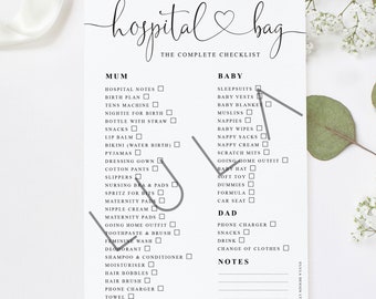 Hospital Bag Complete Checklist A4 or A5 PRINT, Birth Checklist, Hospital Bag Checklist, Mum and Baby List for Hospital, List for Hospital