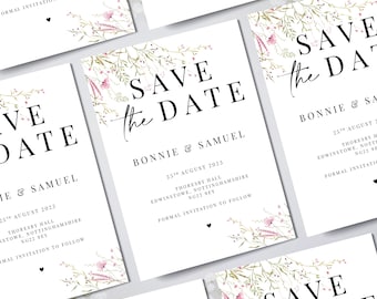 PERSONALISED Pink Floral Black and White Save The Date Printed Invitations Monochrome with Wildflowers Save The Dates Printed with Envelopes