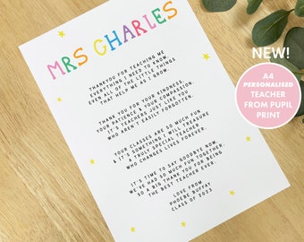 PERSONALISED TEACHER A4 Unframed PRINT, School Leavers Gift, Gift for Teacher, Print for Primary Teacher Reception Teacher Personalised Poem
