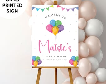Letrero personalizado para fiesta de cumpleaños con globos para niñas y niños, IMPRESO o descarga DIGITAL, letrero de bienvenida para fiesta con globos de arcoíris, letrero para fiesta con globos